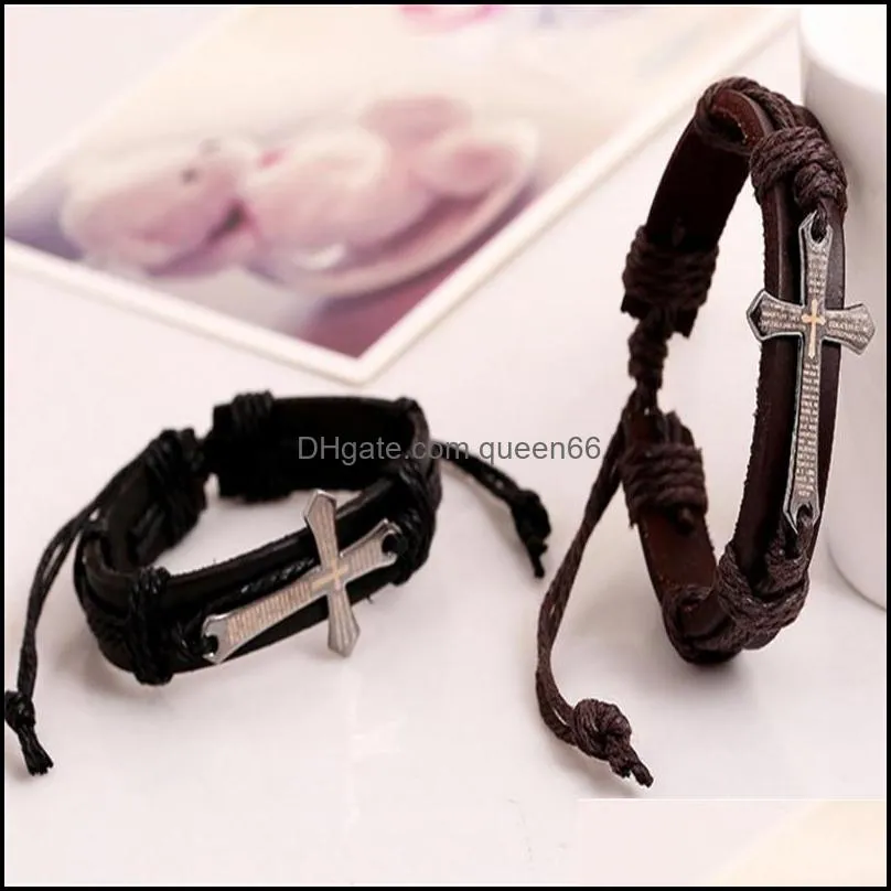 vintage leather bracelets bangles metal cross jesus bracelet adjustable wax cord brown black wholesale