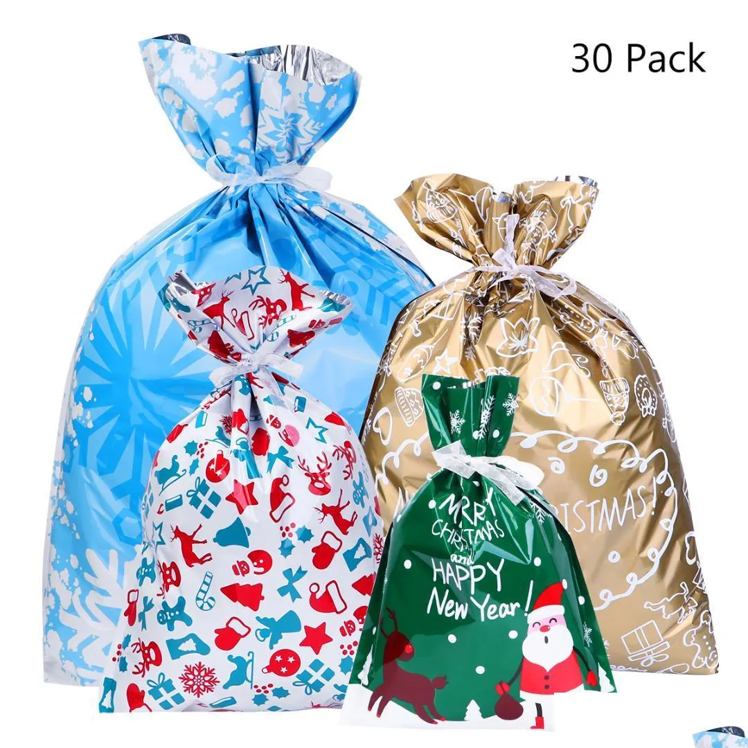 30pcs christmas gift bags cute drawstring assorted styles goody wrapping party favors for christmas holiday candy bag