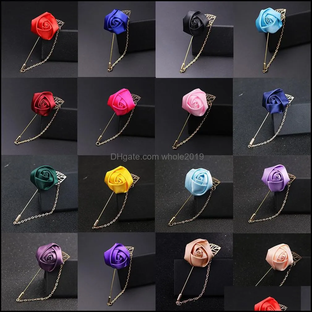 mixed color men rose flower golden leaf fashion brooch pin suit lapel wedding boutonniere broochs gift jewelry