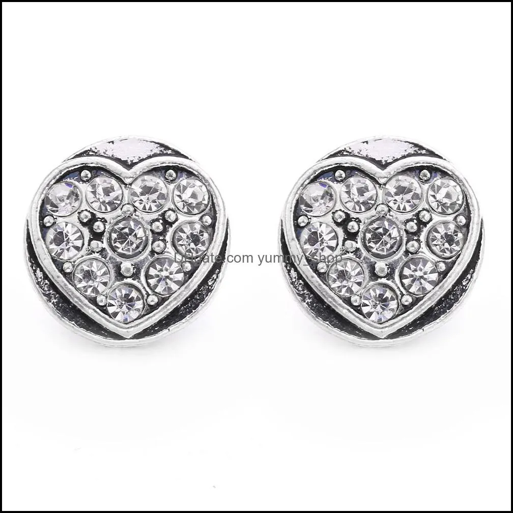 fashion heart rhinestone snap button jewelry components 12mm metal snaps buttons fit earrings bracelet bangle noosa tz002