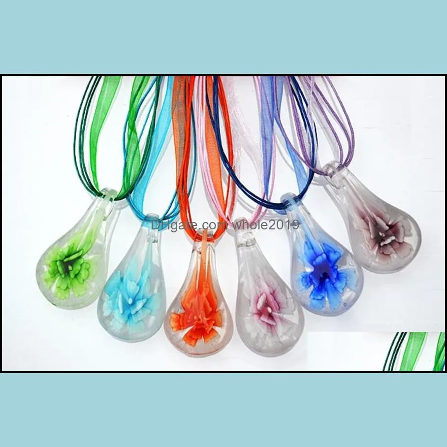 fashion charming handmade necklace murano lampwork glass mixed color water drop inner flower pendant necklaces for womens gift