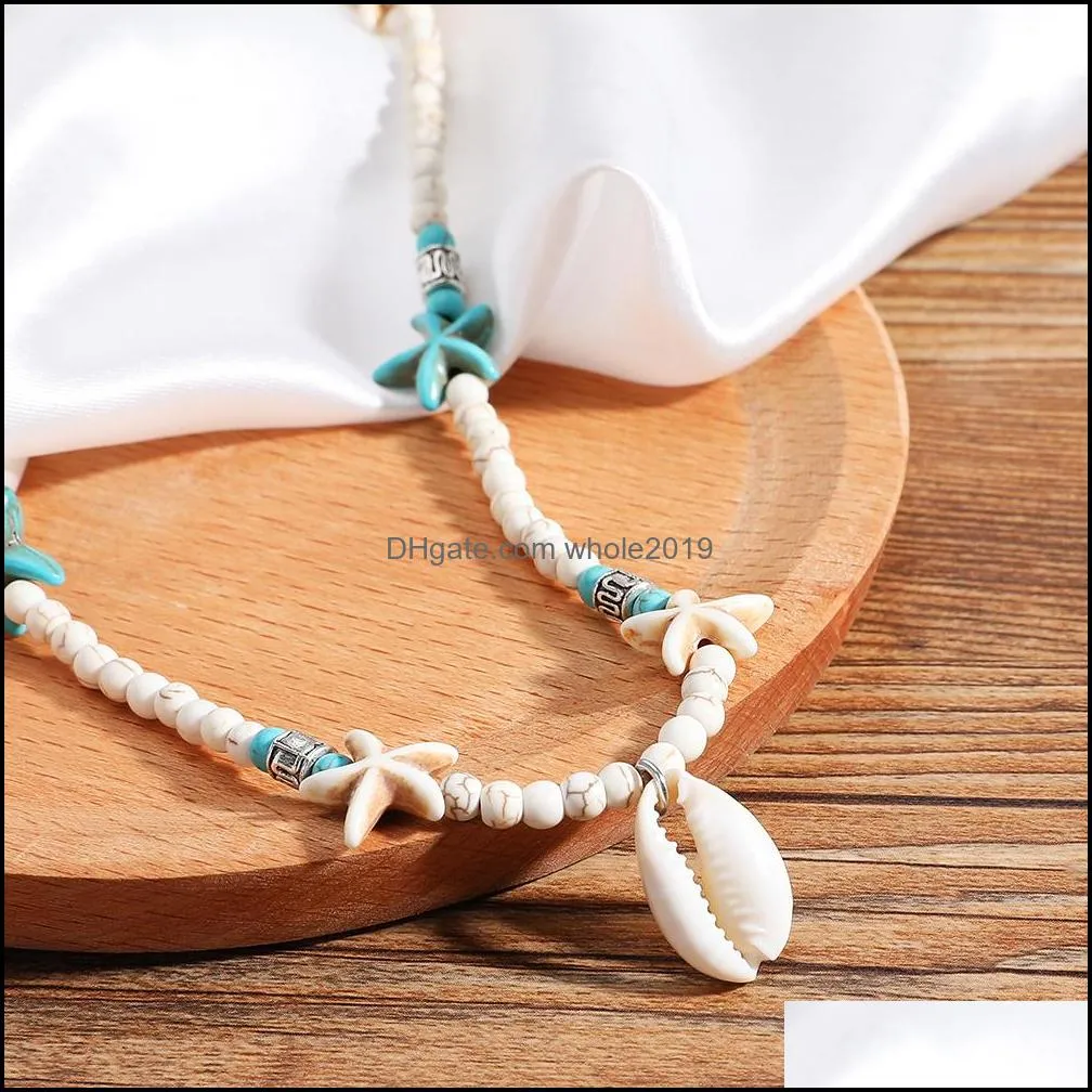 2019 new fashion shell starfish pendant choker necklace for women green white nature stone beads chain necklace trendy jewelry gift