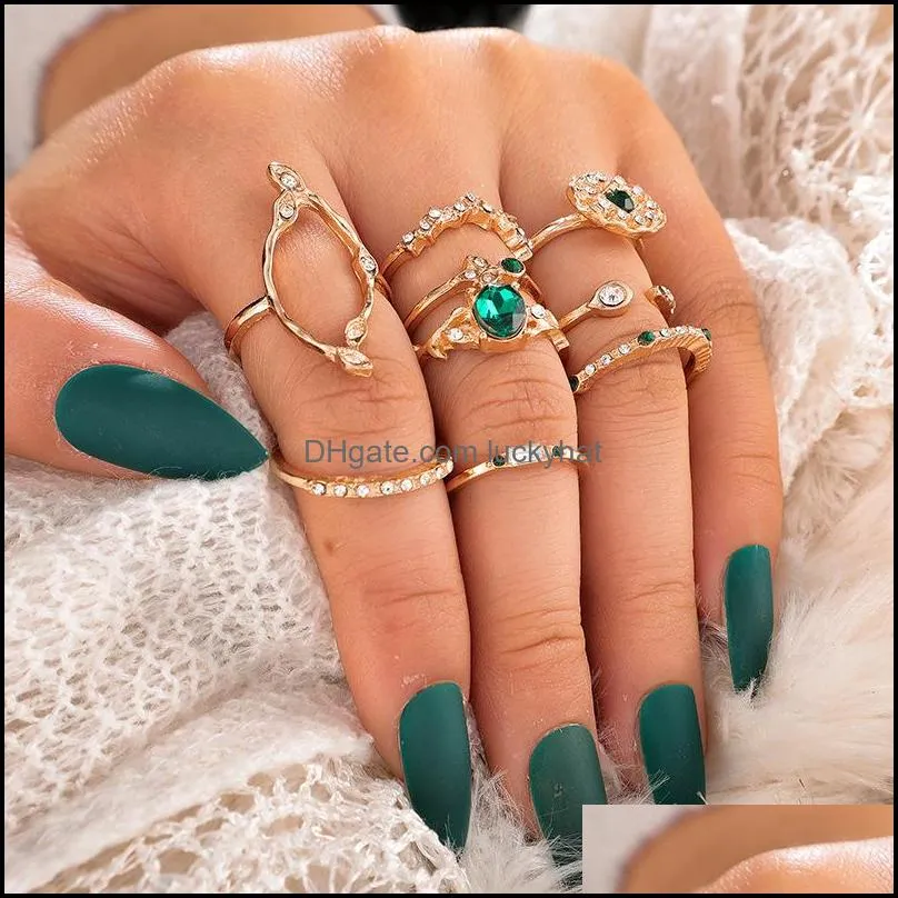 9 pcs/set women green crystal geometry crown flower heart star opal knuckle ring set boho party rings jewelry gold finger ring 464 q2