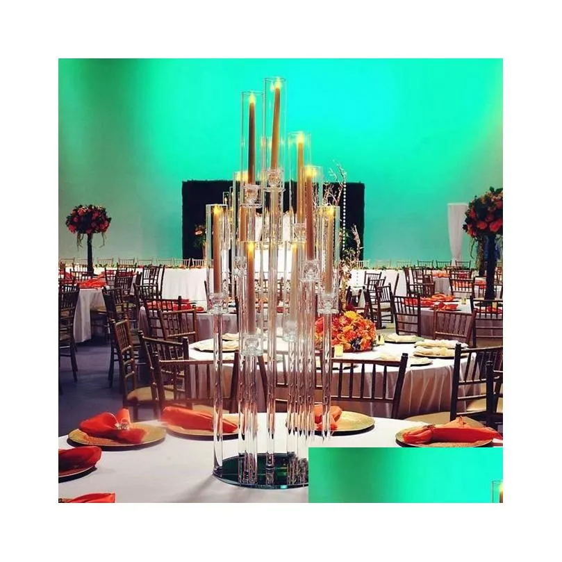 party decoration wholesale 10 arms long stemmed modern clear acrylic tube hurricane crystal candle holders wedding table centerpieces