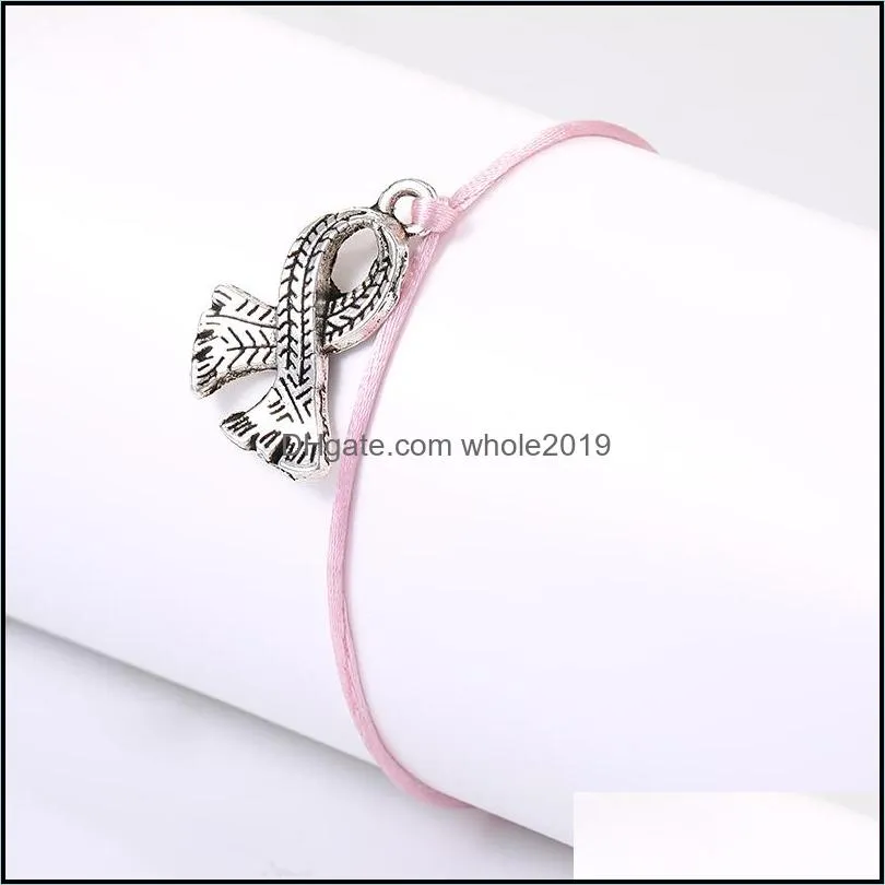 newest women fashion pink ribbon breast link bracelet cancer awareness charm braided rope pendant bracelets with make a wish card jewelry