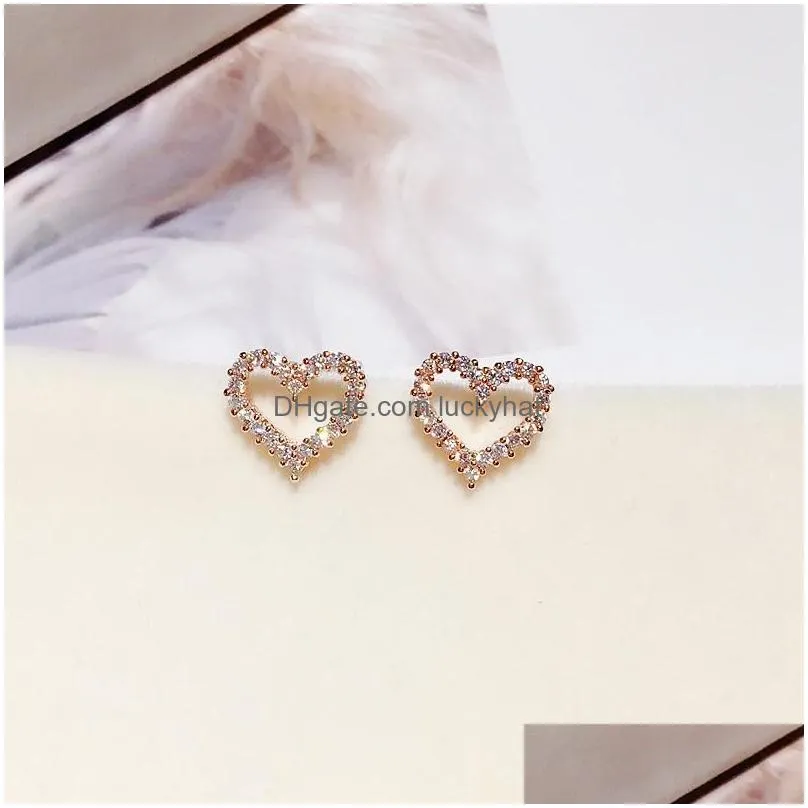 fashion jewelry s925 silver post stud earring zircon hollow out love heart earrings