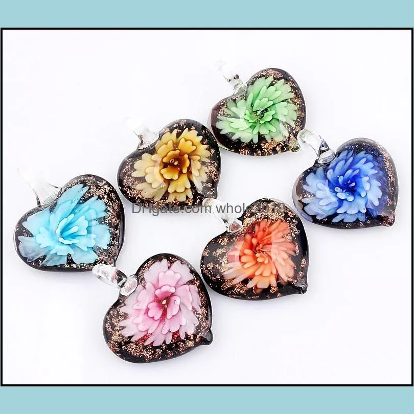 wholesale 6pcs pendants handmade murano lampwork glass mix color flower heart gold dust pendant for necklace jewelry