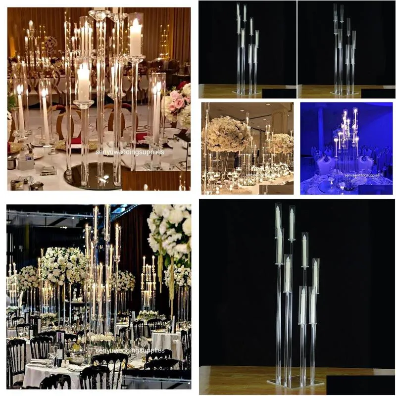 party decoration style crystal clear candelabra wedding centerpieces 8 arms acrylic candle holder for table 1416