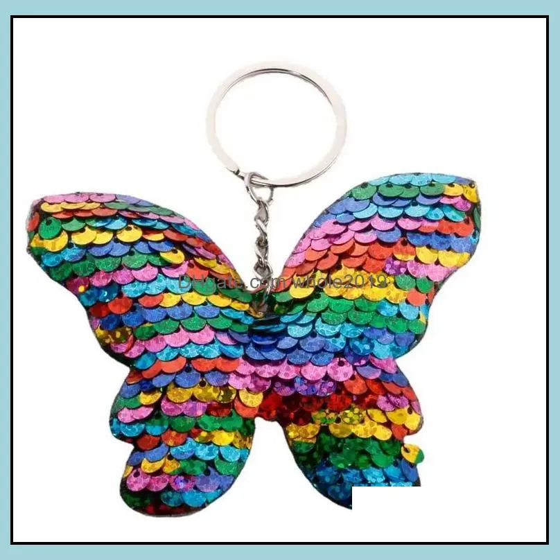 paillette sequin butterfly key ring animal pendant keychain holder bag hangs for women kids fashion jewelry 4 colors