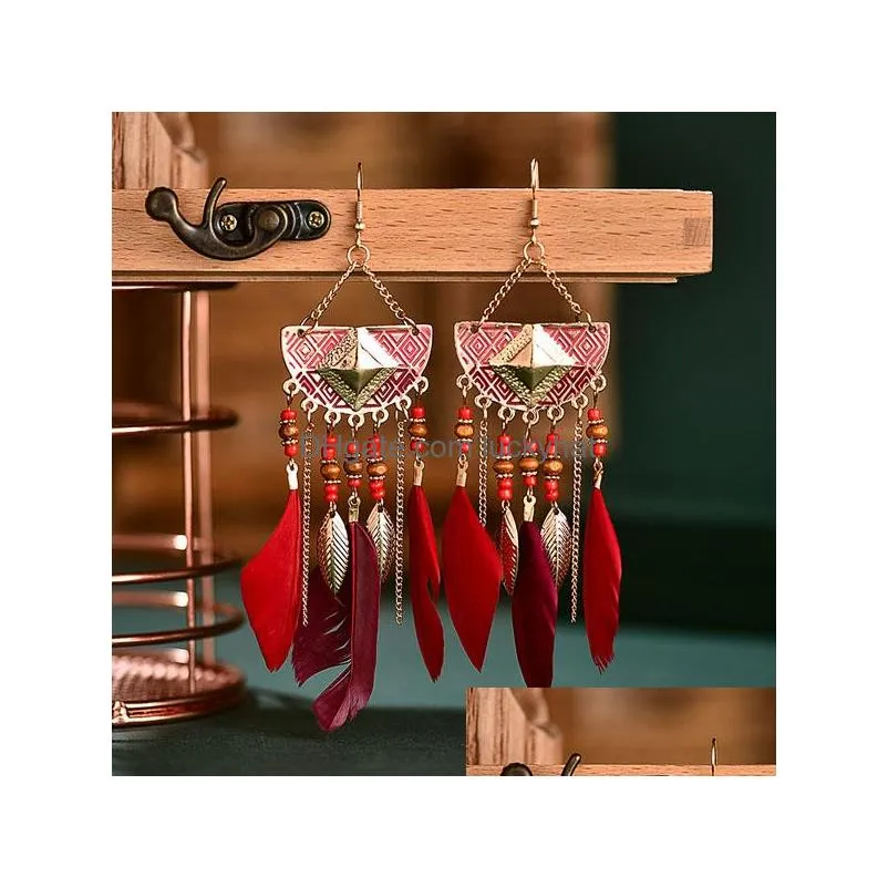 bohemian fashion jewelry vintage feather earrings beads dangle feather tassels earrings