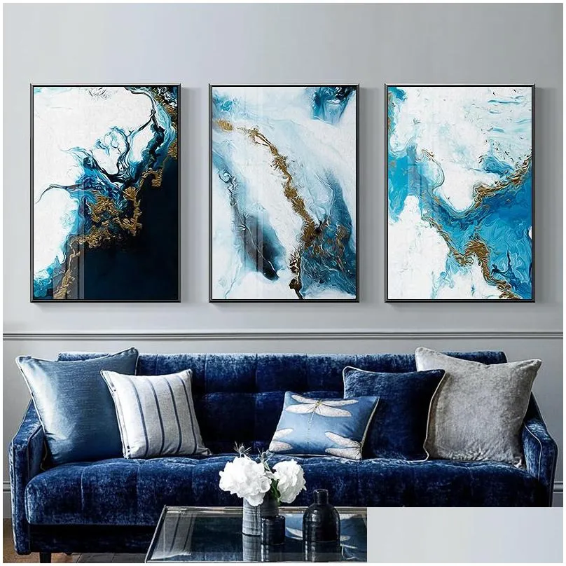 nordic abstract color spalsh blue golden canvas painting poster and print unique decor wall art pictures for living room bedroom