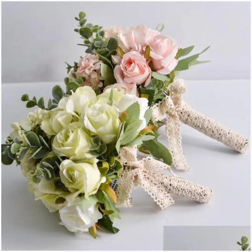 bridal flower hand bouquet fake roses silk eucalyptus hydrangea artificial plants wedding decoration bouquets decorative flowers 