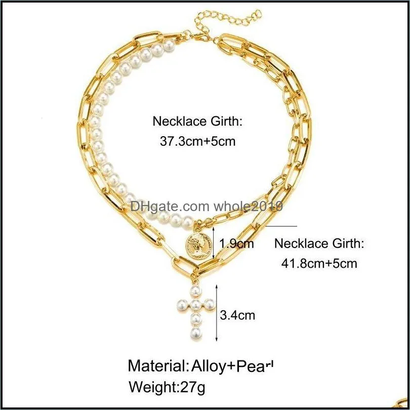 new design imitation pearls choker necklace female cross pendant necklaces for women girls fashion gold coin head jewelry