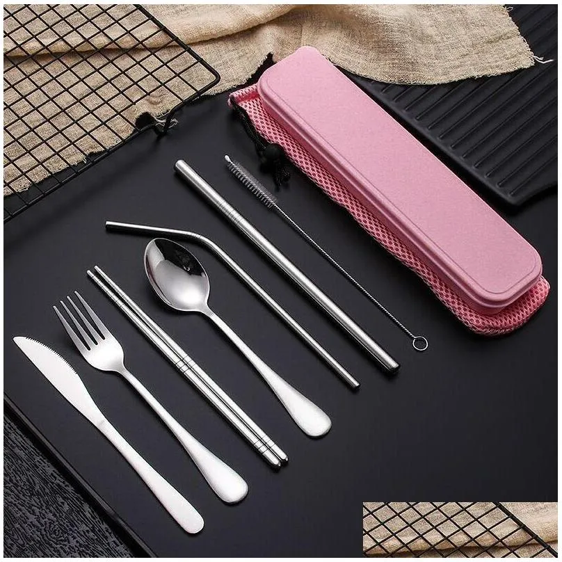 stainless steel flatware set portable cutlery set for outdoor travel picnic dinnerware set metal straw with box and bag kitchen