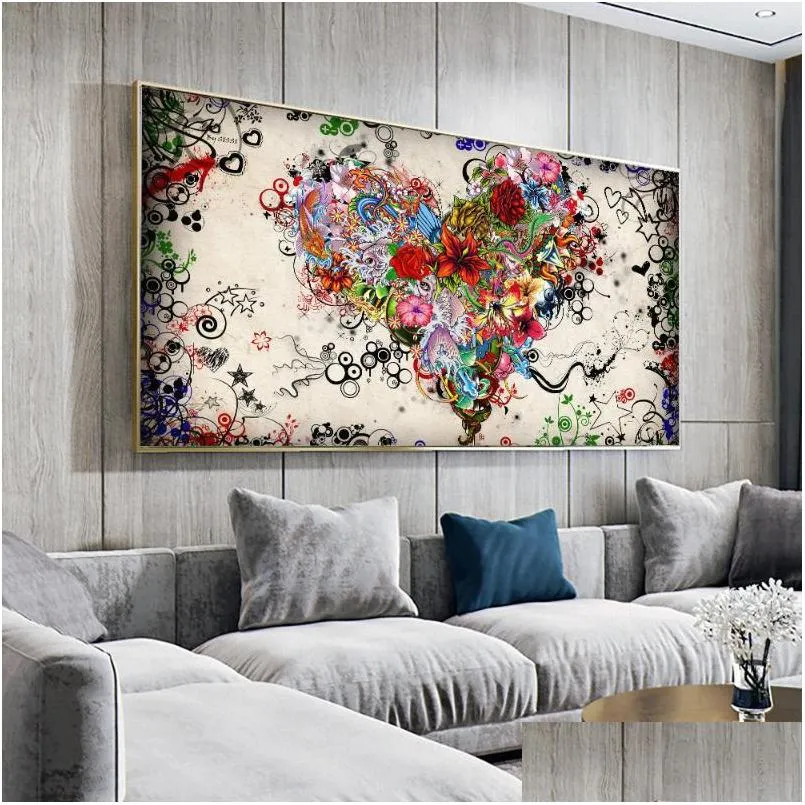 paintings ddhh wall art picture canvas print love painting abstract colorful heart flowers posters prints for living room home no