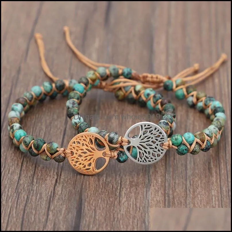 natural stone tree of life charm strand bracelet for women handmade double layer african turquoise beads string braided yoga bracelets jewelry