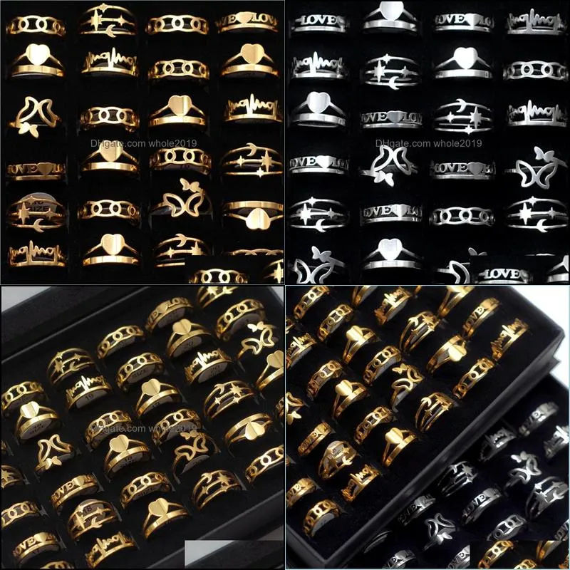 bulk lots 36pcs silver gold heart butterfly plated lovers wedding rings size 1721 stainless steel women engagement anniversary fashion luxury jewelry