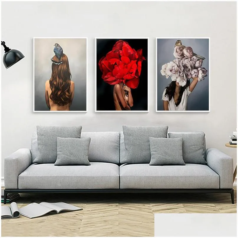 flowers feathers woman abstract canvas painting wall art print poster picture decorative painting living room home decoration