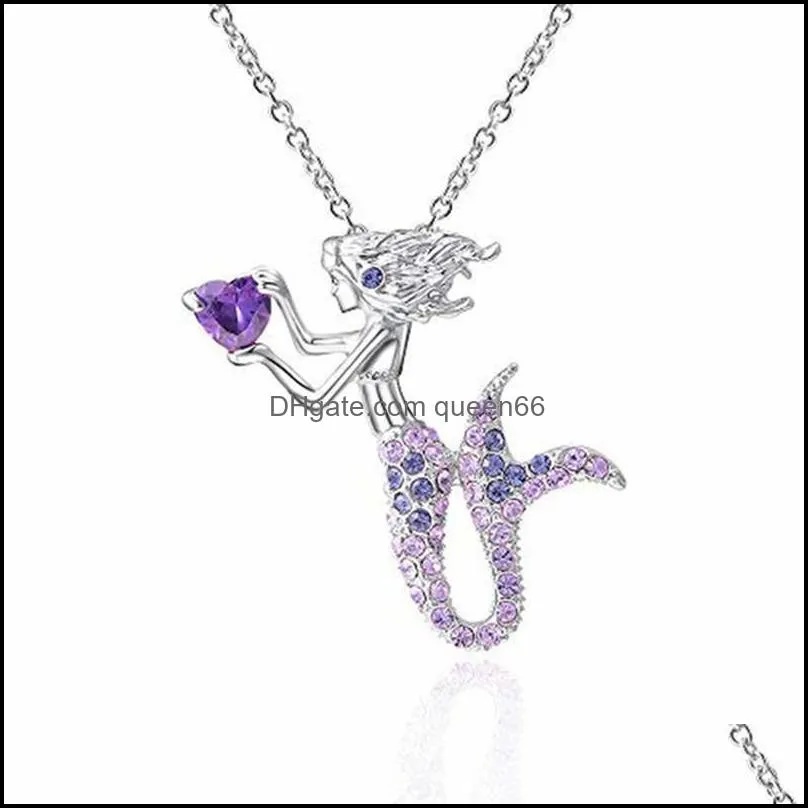 mermaid pendants necklace alloy silver plating clavicular chain charms women rhinestone necklaces fashion jewelry white blue 3 2hja l2