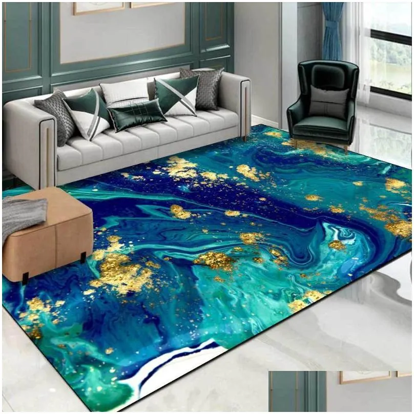 carpets nordic luxury abstract living room area rug watercolor blue green ocean fluid marble gilt golden carpet bedroom bedside