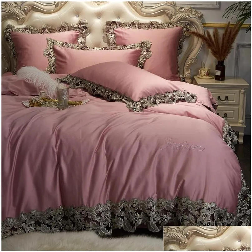 pink blue wine red egyptian cotton bedding set queen king lace duvet cover bed sheet/linen pillowcases decorative pillow