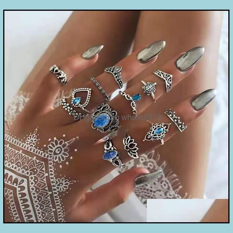 ancient silver knuckle ring sets crown heart elephant turtle stacking midi rings set fashion jewelry 13pcs/set