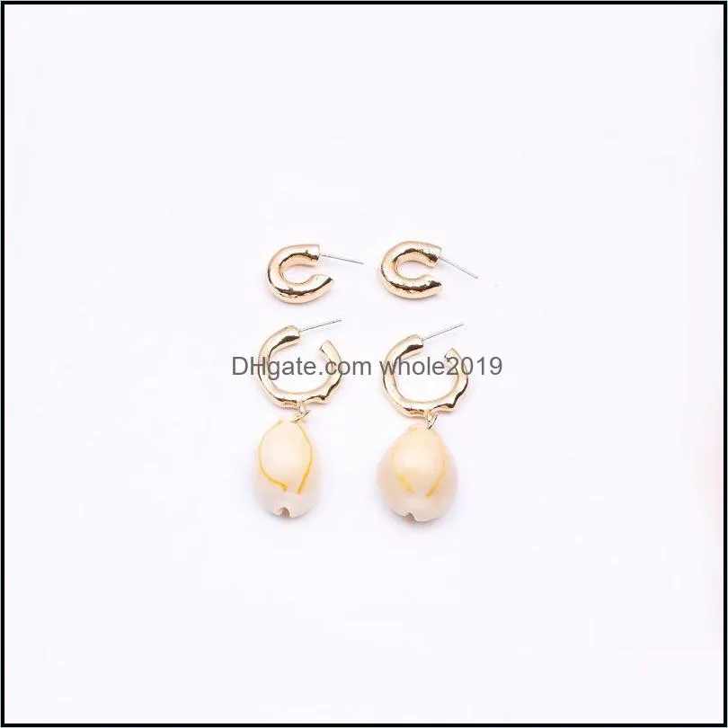 hot selling 2pcs/set geometric shell dangle earring for women gold plating alloy hoop earring fashion 2019 summer beach jewelry