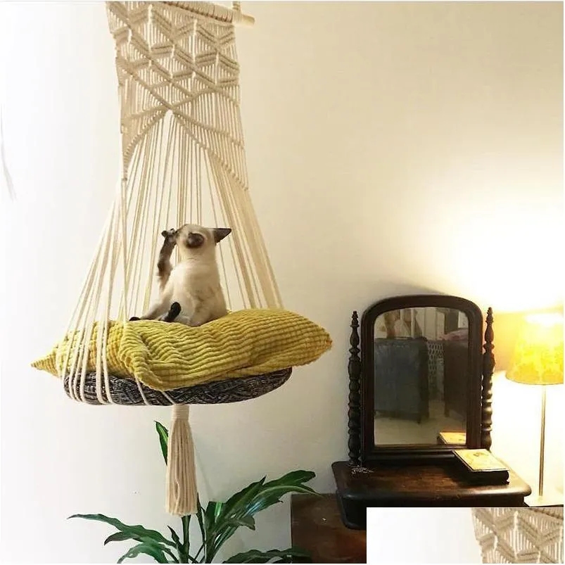 cat swing hammock boho style cage bed handmade hanging sleep chair seats tassel cats toy play cotton rope pets house