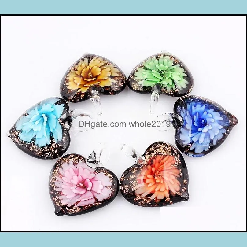 wholesale 6pcs pendants handmade murano lampwork glass mix color flower heart gold dust pendant for necklace jewelry