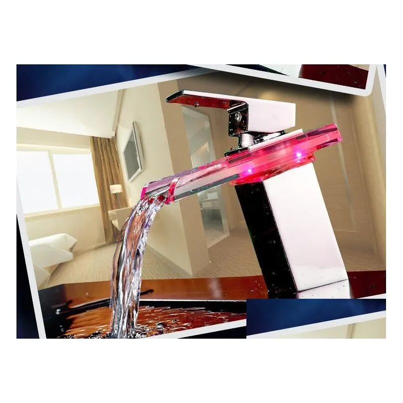 bathroom waterfall led faucet. glass water fall brass basin mixer tap deck mounted sink