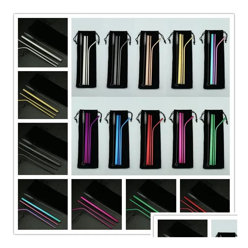 10 colors reusable stainless steel straw set with cleaner brush colorful straw smoothies drinking straws bar drinking tool