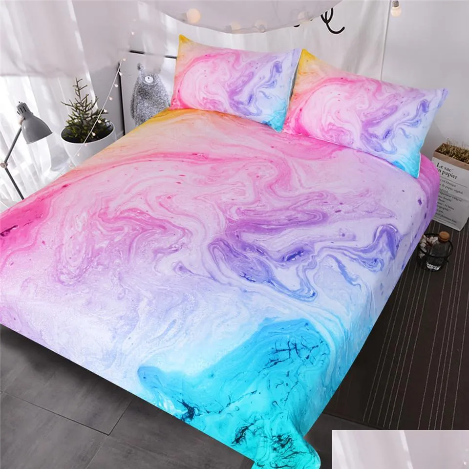 colorful marble bedding set pastel pink blue purple quicksand duvet cover abstract art bed set bright girl bedspread