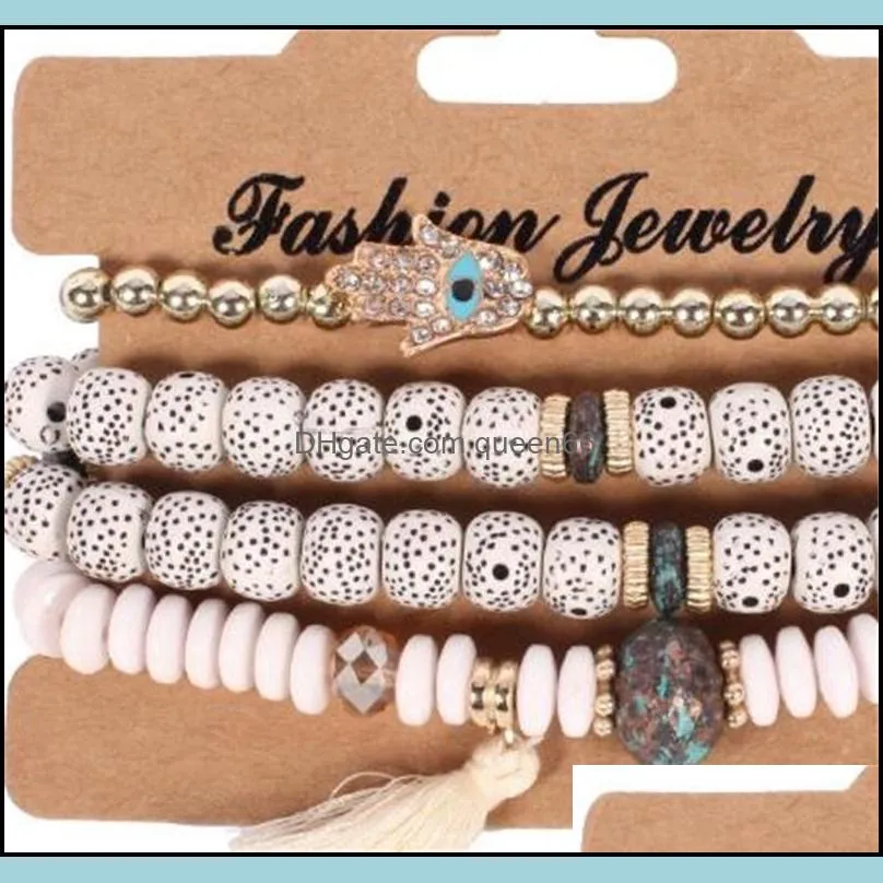 4pcs/lot bohemian vintage bodhi beads chains bracelets set for women hand of fatima tassel charm wristband fashion jewelry gift 166 o2