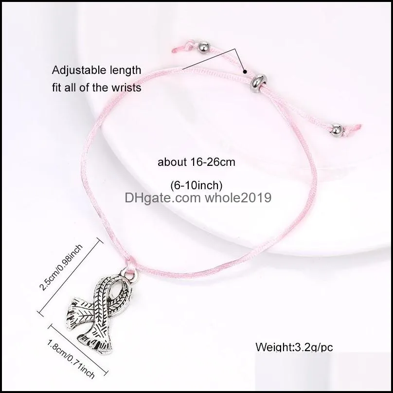 newest women fashion pink ribbon breast link bracelet cancer awareness charm braided rope pendant bracelets with make a wish card jewelry