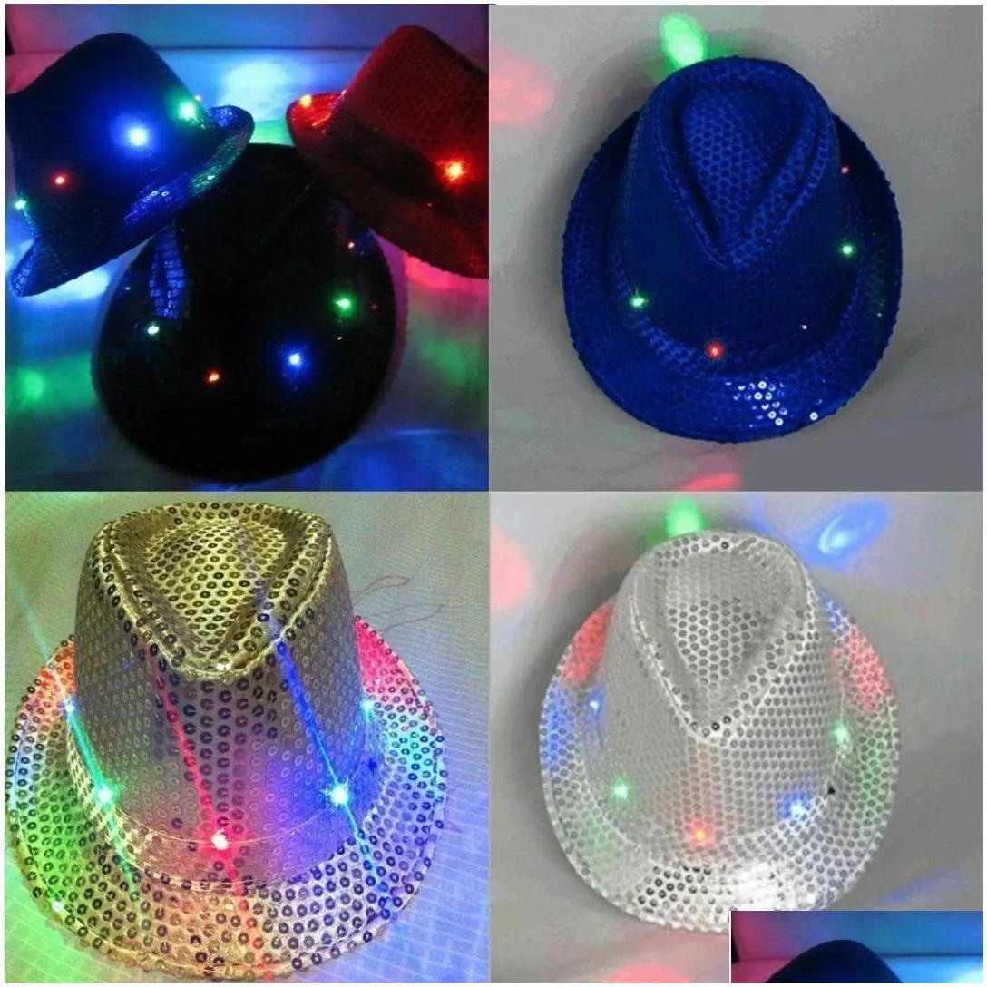 party hats mens flashing light up led fedora trilby sequin fancy dress dance party hat for stage wear