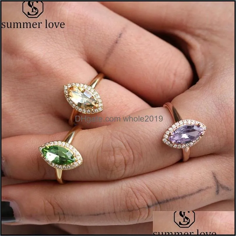 new trendy olive shape rings 3 colors for women yellow purple green high quality engagement zircon rings wedding jewelry accessories