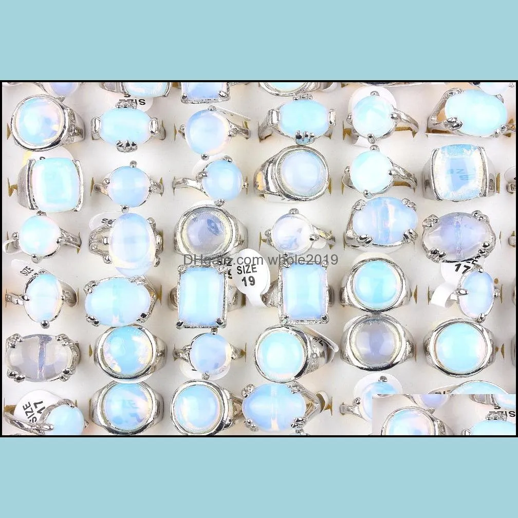 wholesale lots mens 50pcs white opal stone silver plated rings band womens wedding engagement jewelry