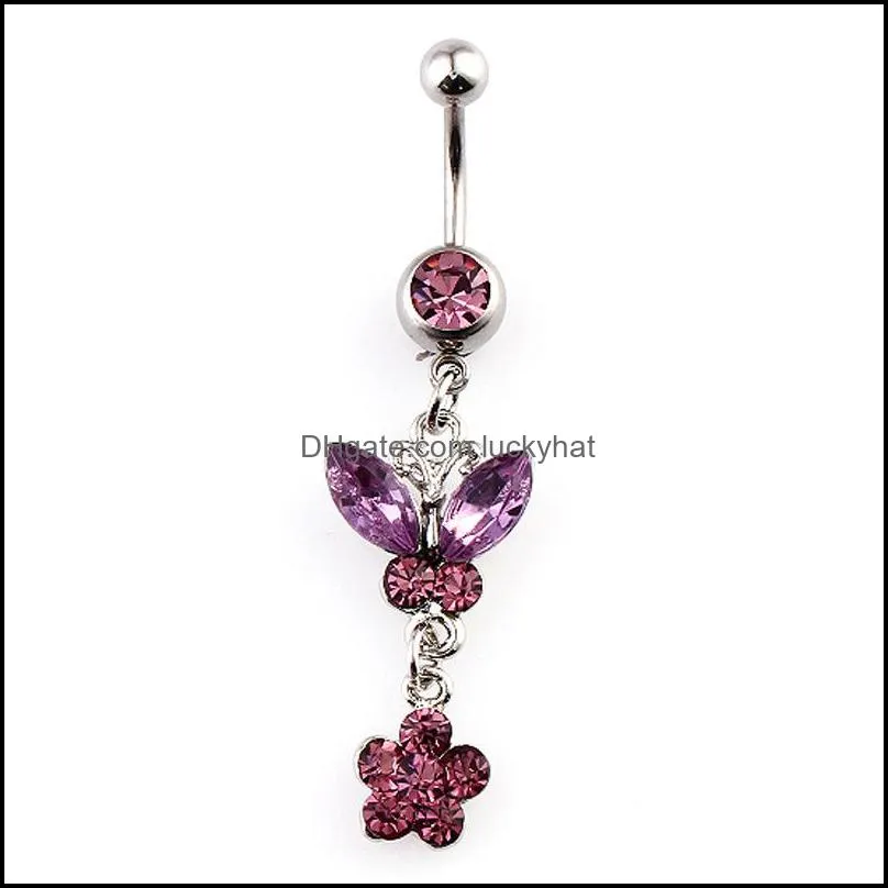 diamond inlay navel rings multicolor butterfly flower puncture jewelry umbilical nail medical steel dance belly ring accessories 3hz