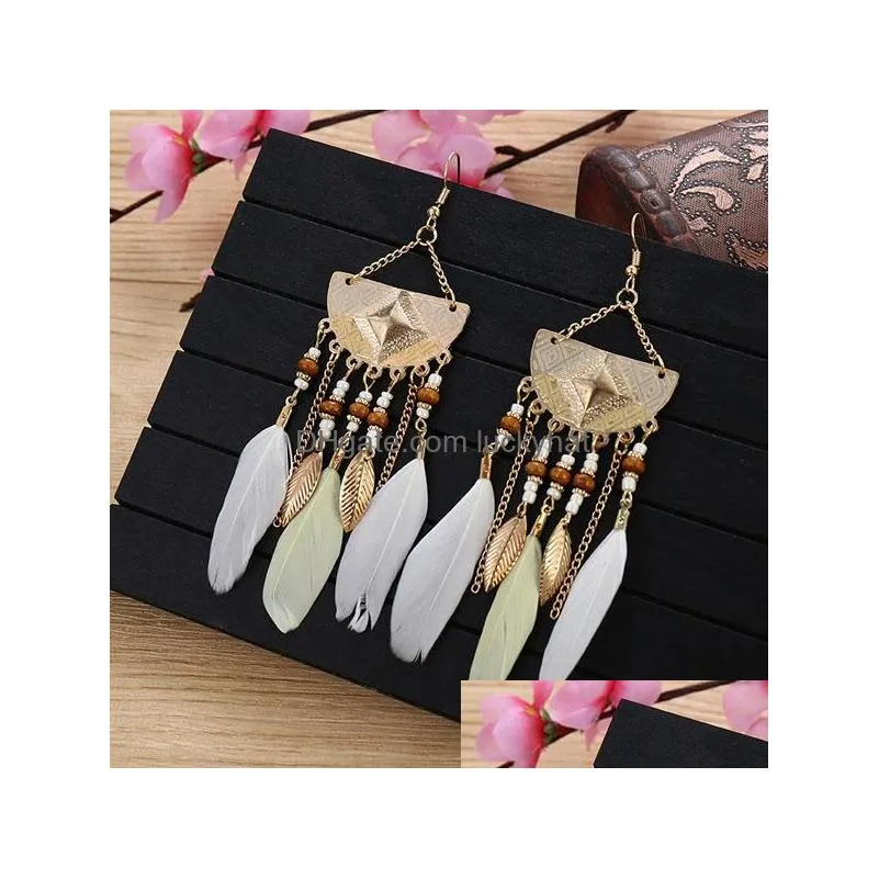 bohemian fashion jewelry vintage feather earrings beads dangle feather tassels earrings