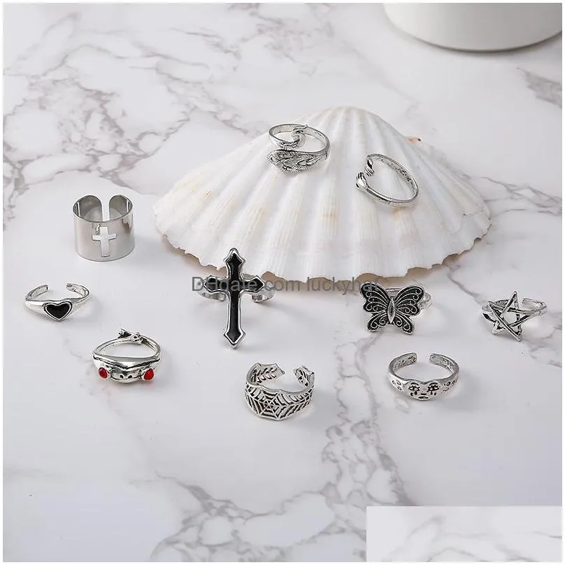 fashion jewelry knuckle ring set retro exaggerated cross frog peacock butterfly cry face huge heart stacking rings midi rings sets