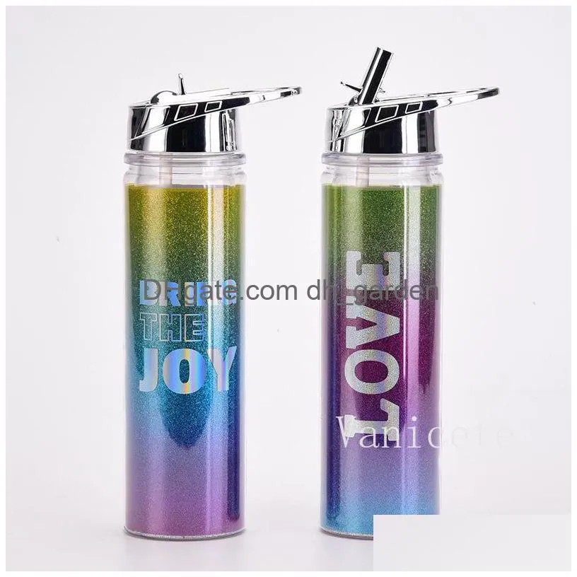 550ml rainbow gradient color water bottles doublelayer plastic straw cup portable outdoor sport running water drinkware bottle