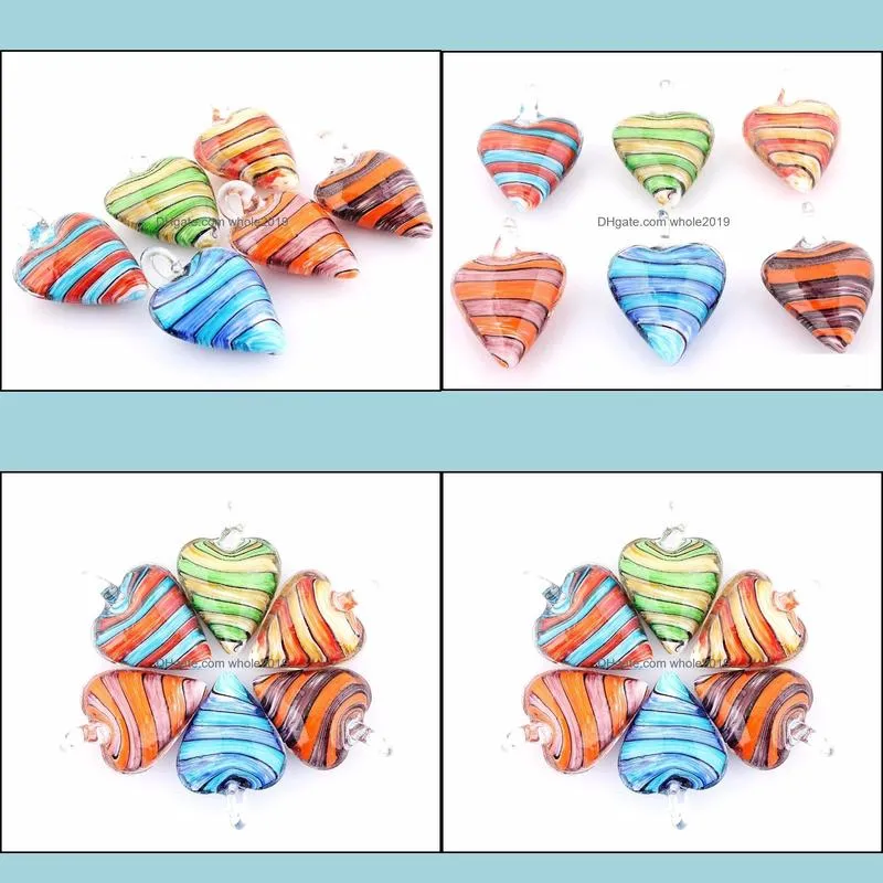 wholesale 6pcs handmade murano lampwork glass mix color stripe heart pendant fit necklace jewelry gifts