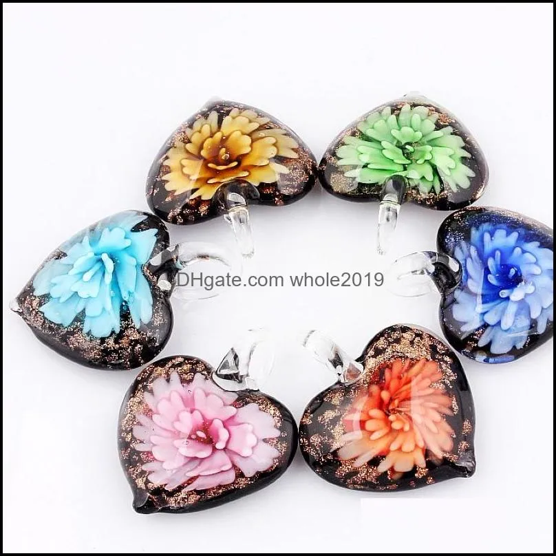 wholesale 6pcs pendants handmade murano lampwork glass mix color flower heart gold dust pendant for necklace jewelry