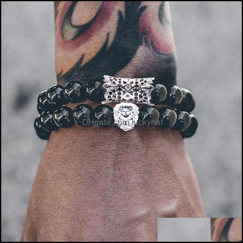 10pc/set natural 8mm loin head bracelet sets black matte mala stone for men women handmade yoga jewelry