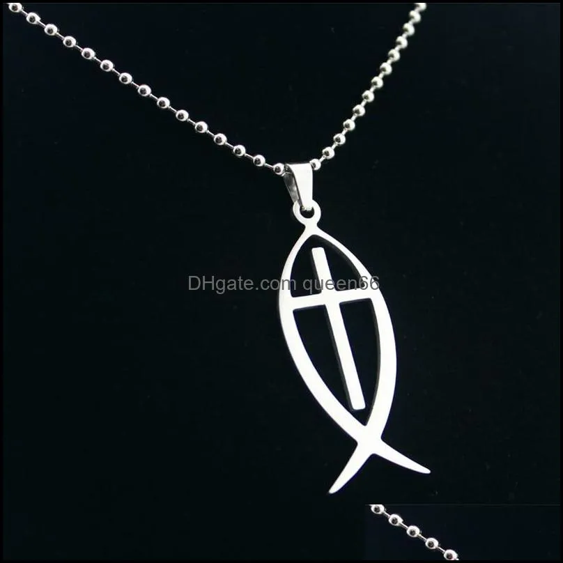 wholesale 10pcs/lot men womens jesus fish charms pendants stainless steel necklace jesus cross pendant necklace398 q2