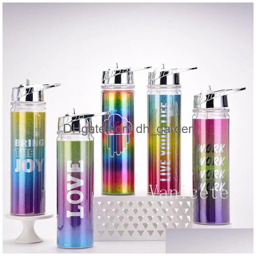 550ml rainbow gradient color water bottles doublelayer plastic straw cup portable outdoor sport running water drinkware bottle