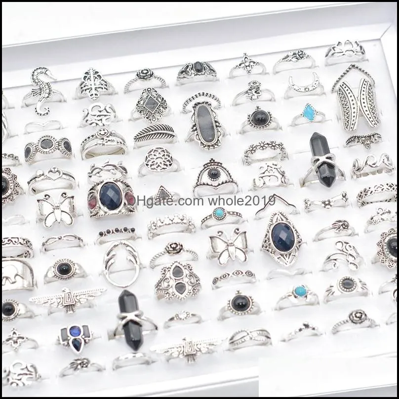 bulk lots 50pcs antique silver bohemia vintage rings women natural stone charm ethnic fashion party gifts jewelry accessory wholesale