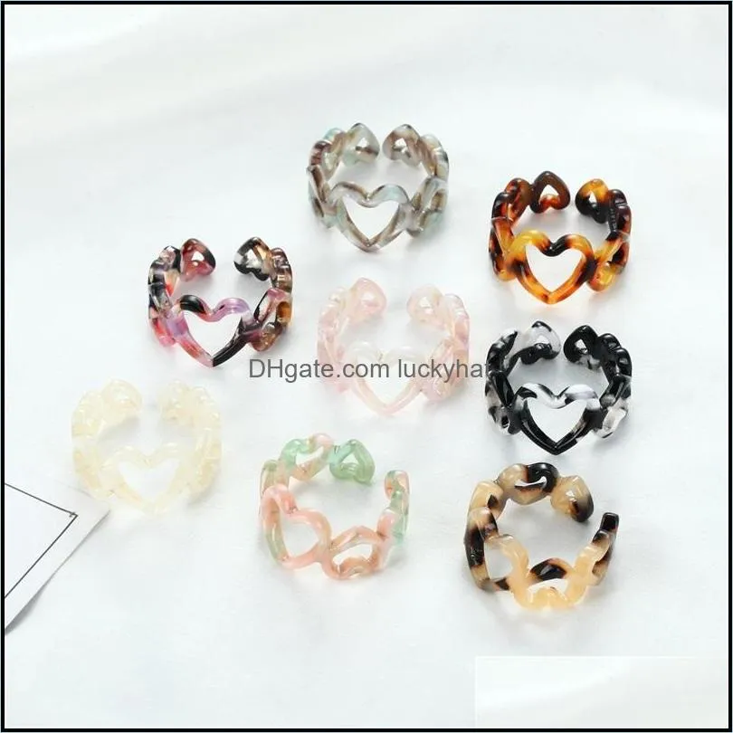 fashion leopard print resin acrylic hollow heart chain ring for women colourful geometric rings jewelry gifts c3