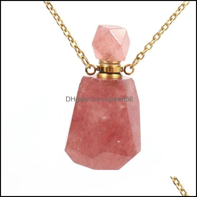 natural strawberry quartz gold silvery perfume bottle pendant necklace for women crystal  oil diffuser bottle jewelry 808 r2