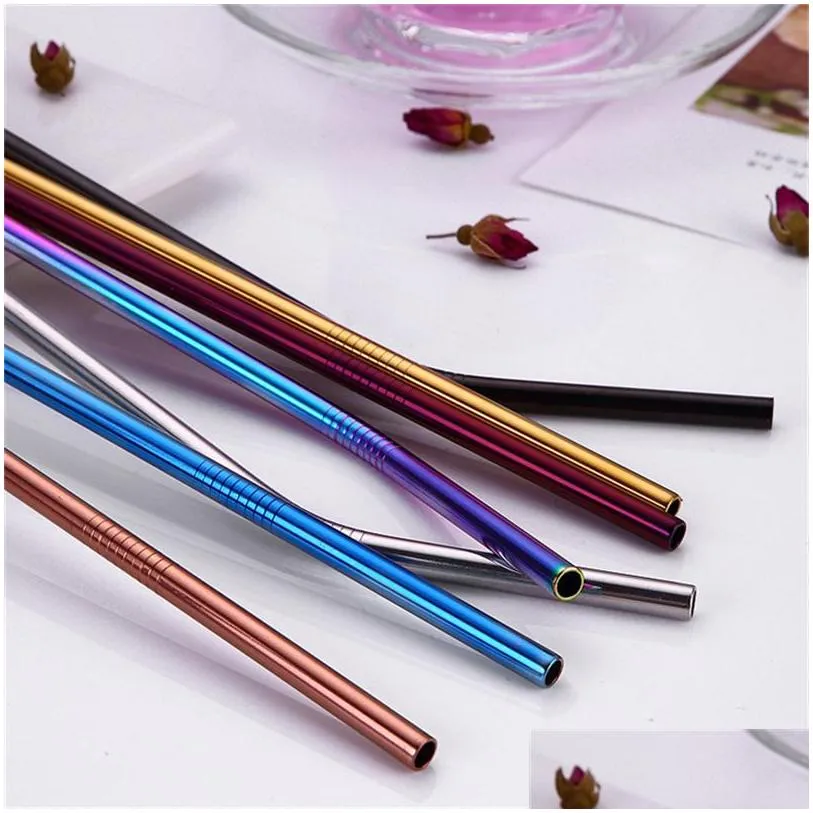 10 colors reusable stainless steel straw set with cleaner brush colorful straw smoothies drinking straws bar drinking tool